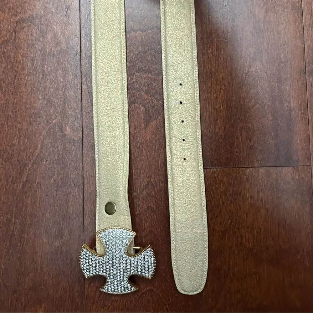 Cecelia Pale Crackled Gold Belt with Gold and Silver Rhinestone Cross Buckle